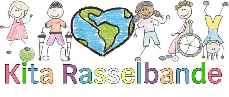 Das Logo der Kita Rasselbande: mehrere handgezeichnete Kinder mit dem Schriftzug "Kita Rasselbande" direkt darunter